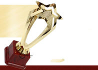 Cinq - trophées en plastique et récompenses d'étoile aiguë avec la base en bois rouge